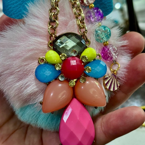 Colorful Pom Pom bag backpack Charm upcycled jewelry,one of the kind unique gift - Picture 5 of 8